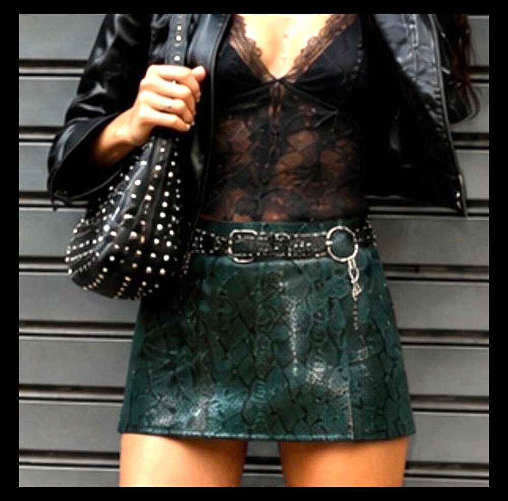 VTG 90s Crayon Green Leather Mini Skirt Sz S Python Embossed Glam Rock Indie Y2K